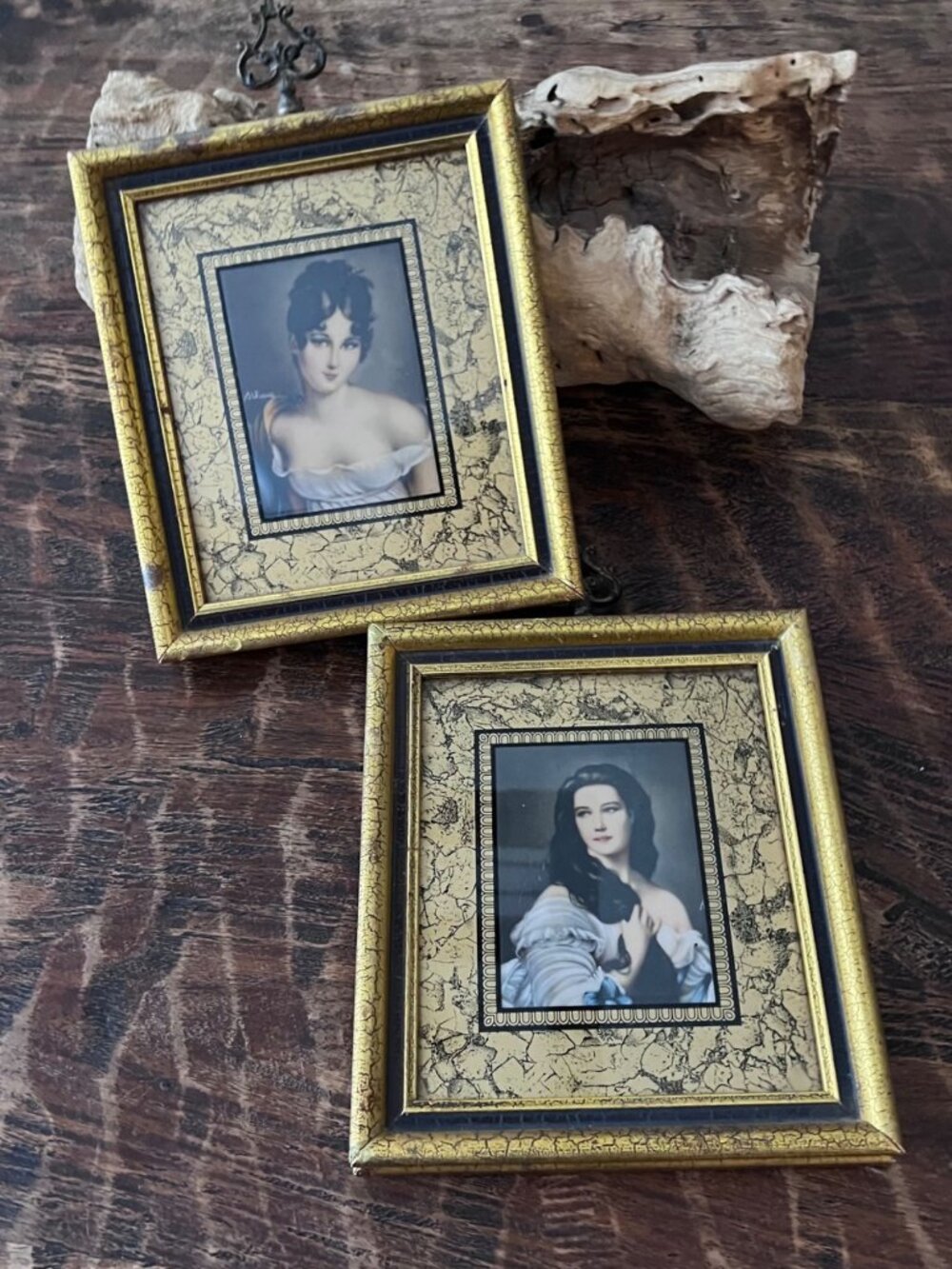 Pair Of Vintage Gold Ornate Framed Portrait Miniatures With Decorative Finials